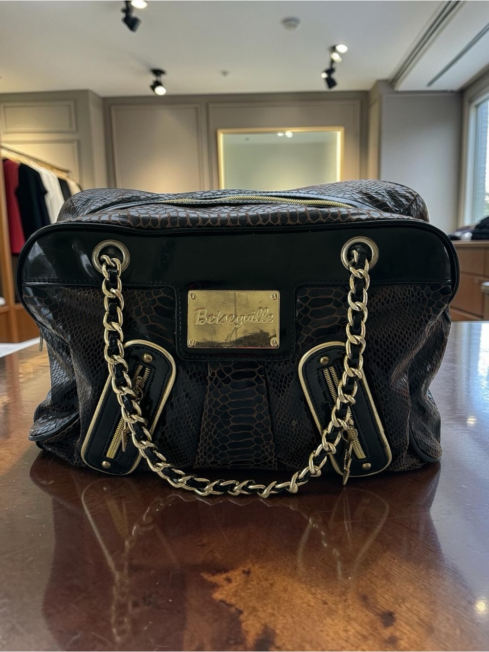 Betseyville Betsey Johnson Brown Snake-Embossed Shoulder Bag with Gold‎ Chain